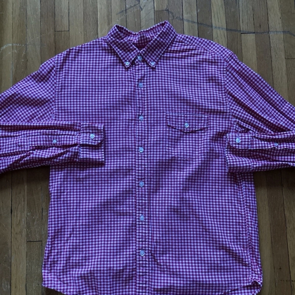 J.Crew Men's Large Red/White Mini-Check Lightweight Oxford Button Front Shirt